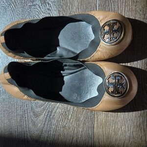 Tory Burch Camel Ballet Flats with Black Logo